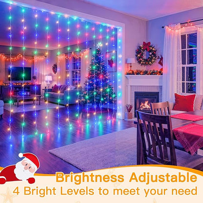 Ollny Curtain Lights 200LED 6.6x6.6ft, USB Multicolor Christmas Curtain Lights with Remote 8 Modes Timer, Waterproof String Lights for Bedroom Backdrop Window Indoor Outdoor