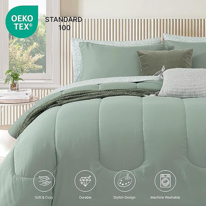Monbix Queen Comforter Set - 7 Pieces Sage Green Bed in a Bag Queen Track Stitching Bedding Sets, All Seasons Down Alternative Comforter Bed Set with Sheets,Pillowcases & Shams