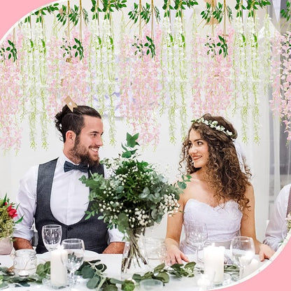 Giegxin 24 Pcs Artificial Wisteria Hanging Flowers 3.6 ft Artificial Fake Wisteria Vine Rattan Hanging Garland Silk Flowers String for Wall Home Wedding Party Greenery Decorations (Pink,White)