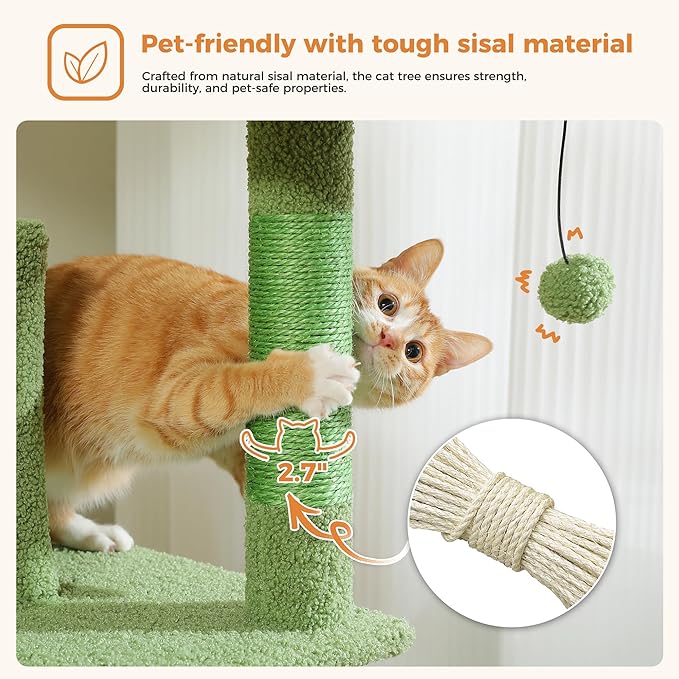 PAWZ Road 70 Inch Cat Tower, Cactus Cat Tree with 2 Cozy Condos, 2 Plush Perch, Large Basket, 2 Scraching Pad & 6 Scraching Posts for Indoor Cats Large Adult-Mewly Pet