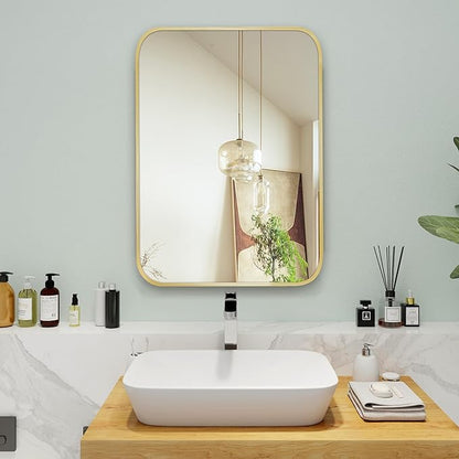 24"x36" Brushed French Gold Metal Framed Rounded Rectangle Mirror, Gold Wall Mounted Mirrors for Bathroom Entryway Vanity Living Room Bedroom, Vertical or Horizontal