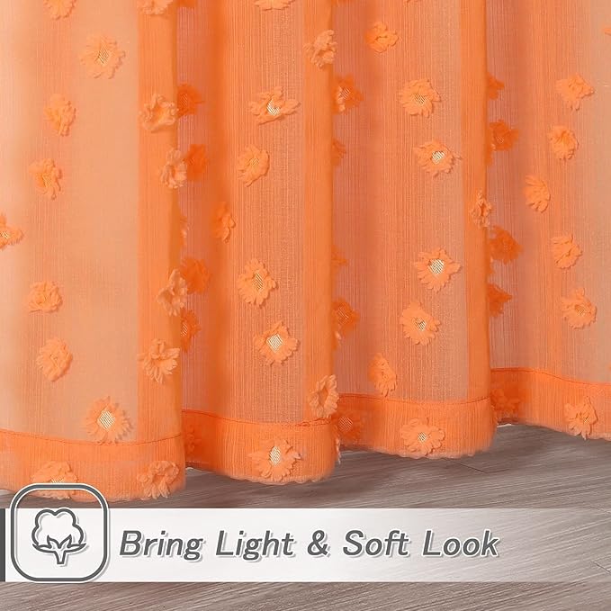 MYSKY HOME Pom Pom Orange Sheer Curtains for Bedroom Girls Room Curtains for Nursery Kids Light Filtering Boho Window Drapes, Rod Pocket, 52 x 95 Inches, 2 Panels