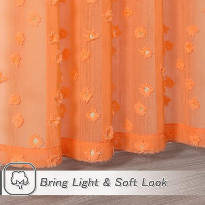 MYSKY HOME Pom Pom Orange Sheer Curtains for Bedroom Girls Room Curtains for Nursery Kids Light Filtering Boho Window Drapes, Rod Pocket, 52 x 95 Inches, 2 Panels