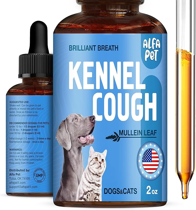Dog Cough Treatment Liquid • Kennel Cough for Dogs & Cats • for Breathing During All Life Cycle • Marshmallow Root + Mullein Leaf in The Composition • Natural Supplement for All Breeds • 2 Oz-Mewly Pet