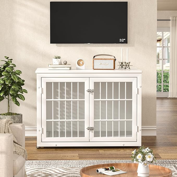 38" Heavy Duty Dog Crate Furniture for Large and Medium Dogs,Wooden Metal Kennel for High Anxiety Dogs, Chew Proof Pet Cage Indoor, Decorative Dog Kennel End Table, White-Mewly Pet