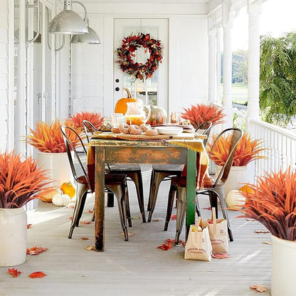 8 pcs Fall Artificial Flowers for Decoration, Fake Artificial Tall Grass Plants for Outdoors, Orange Faux Tropical Greenery Autumn Front Porch Patio Garden Outside Plastic Shrubs Bushes