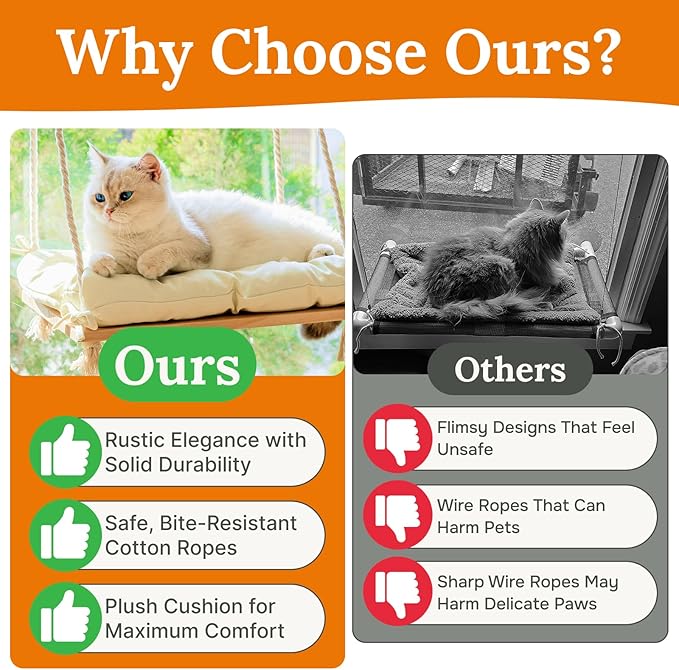 Cat Window Perch - Hammock Bed for Cats Inside - Solid Wood Seat, 4 Strong Suction Cups, Soft Cushion - Rustic Indoor Pet Shelf-Mewly Pet
