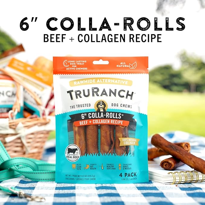 Collagen Rolls - 6" Collagen Rolls for Dogs - Long Lasting Healthy Joint Support Dog Treat - Rawhide Alternative - Skin & Coat Health - Made with Real Beef, 1 Bag, 4 Count-Mewly Pet