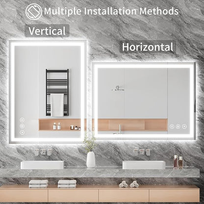 Koonmi 30x40 LED Bathroom Mirror, Backlit + Front Lit, LED Bathroom Mirror with Lights for Wall, 3 Colors, Anti-Fog, Dimmable Brightness, Memory Function, Tempered Glass
