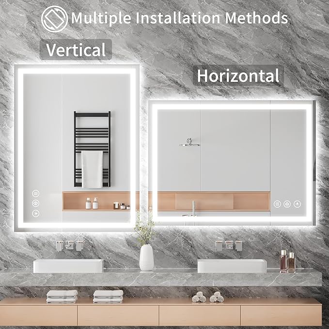 Koonmi 24x36 LED Bathroom Mirror, Backlit + Front Lit, LED Bathroom Mirror with Lights for Wall, 3 Colors, Anti-Fog, Dimmable Brightness, Memory Function, Tempered Glass