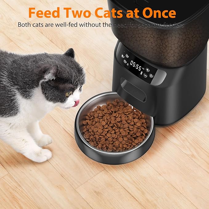 Automatic Cat Feeder, Cat Food Dispenser with Stainless Steel Bowl, Timed Portion Control 20 Portions 6 Meals Per Day, Voice Recorder, Dual Power Supply for Small Dogs (Black)-Mewly Pet