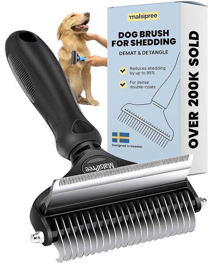 MalsiPree Dog Brush - Large, Black - 2-in-1 Undercoat Rake & Dematting Rake - Shedding Brush & Deshedding Tool for medium to Large Double-Coated Dogs & Cats-Mewly Pet