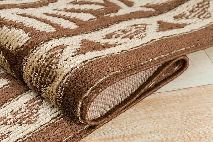 Custom Length Cut to Size Tribal Ethnic Southwestern Inspired Hallway Runner Rug, Non Slip Rubber Backed, 31 inch Wide X Customized Length, Mayan Brown, 31 inch X 32 feet