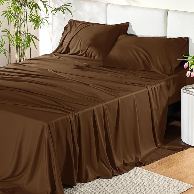 Bedsure Full Size Bed Sheets, Cooling Sheets, Rayon Derived from Bamboo, Breathable & Soft, Deep Pocket Up to 16 Inches, Hotel Luxury Silky Bedding for Hot Sleepers, Brown