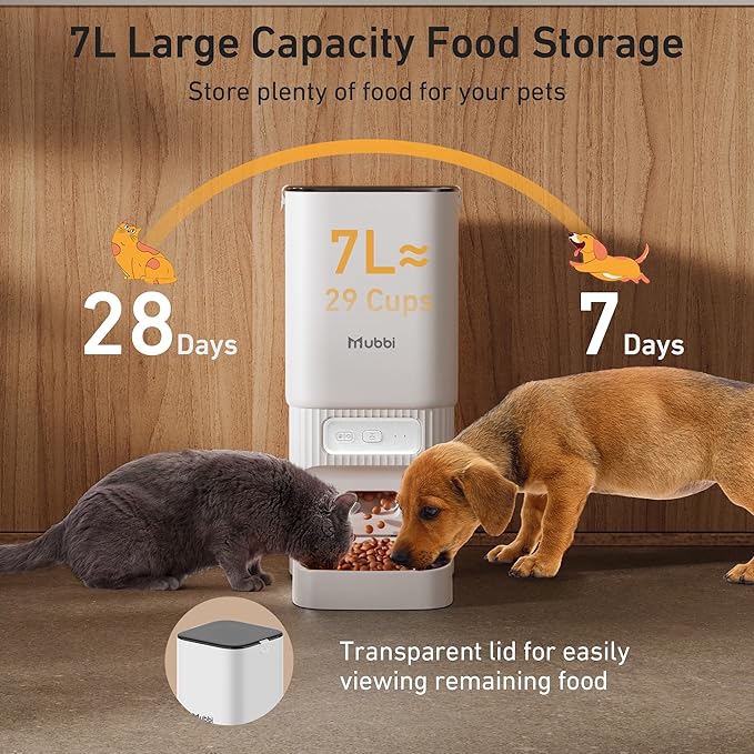7L/29 Cups Automatic Dog Feeder, 5G WiFi Auto Cat Feeder with Desiccant Bag, Cat Food Dispenser, App Remote Feeding, Stainless Steel Bowl, Dual Power Supply, Ideal for 2-15mm Dry Food-Mewly Pet