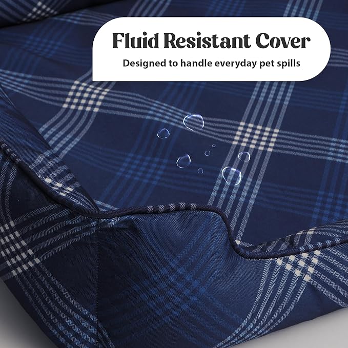 Orthopedic Bolster Dog Bed – CertiPUR-US Foam, Recycled Polyester Canvas, Washable Cover, Anti-Slip Bottom, Small, Navy Plaid – Stylish Designer Dog Sofa-Mewly Pet