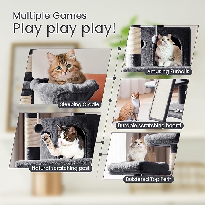 SHA CERLIN 68 Inches Multi-Level Large Cat Tree for Large Kitties/Big Cat Tower with Condo/Cozy Plush ‌Pussycat Perches/Sisal Scratching Posts and Hammocks/Activity Center/Dark Grey-Mewly Pet