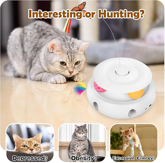 Cat Toys,3-in-1 Interactive Cat Toys for Indoor Cats,Rechargeable Automatic Interactive Cat Toy with Fluttering Butterfly,Smart Sensor 6 Holes Mice Whack-A-Mole and Track Balls, White-Mewly Pet