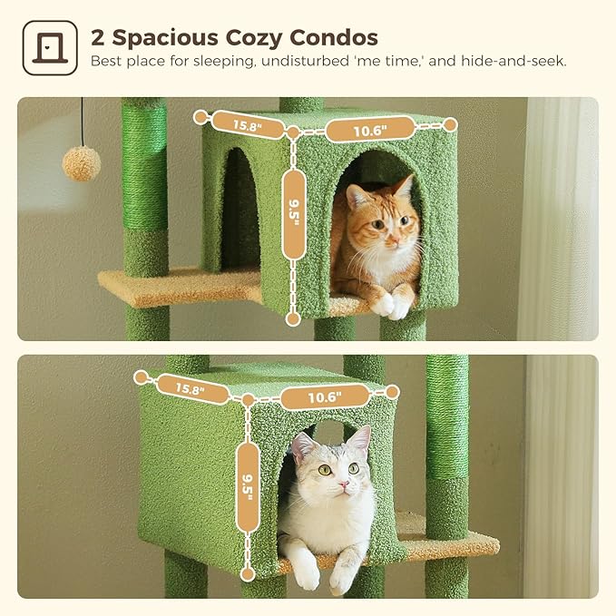 Cactus Cat Tree, 62-Inch Large Cat Tower for Multi-Cat Households w/Scratching Posts, Multi-Level Condo w/Cozy Top Perch & Scratching Pad, Padded Platform, 2 Pompoms, Green-Mewly Pet