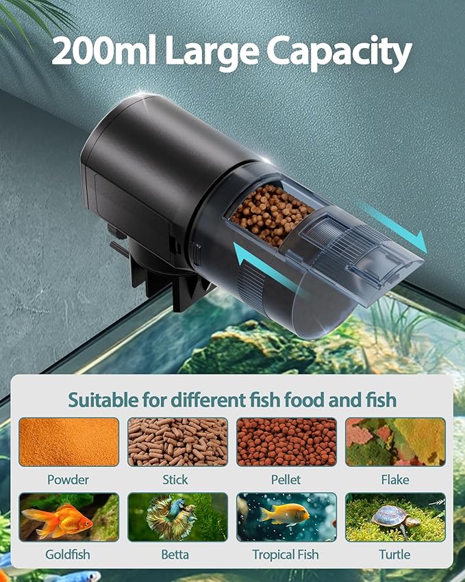 Automatic Fish Feeder Dispenser for Aquarium: 200ml Large Capacity Auto Feeders for Small Tank Turtle Betta Koi - Battery Food Feeding Timer for Flakes Pellet Vacation Weekend Day-Mewly Pet