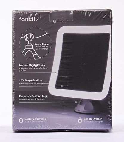 Fancii 10X Magnifying Lighted Makeup Mirror - Daylight LED Vanity Mirror - Compact, Cordless, Locking Suction, 6.5" Wide, 360 Rotation, Portable Illuminated Bathroom Mirror (Square)
