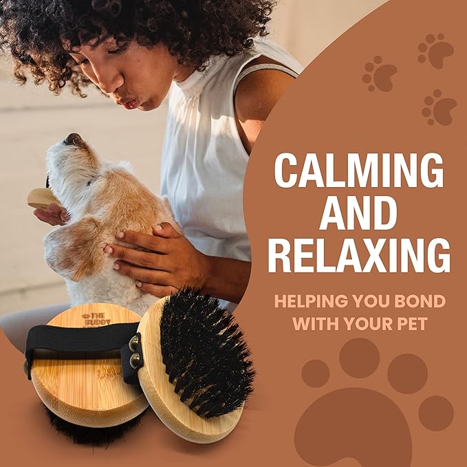 The Buddy System Pet Close Brush, Soft Touch Oval Palm Brush - Bamboo Massage Handheld with Soft Boar Bristles and Elastic Band for Dogs and Cats 2 Pack-Mewly Pet