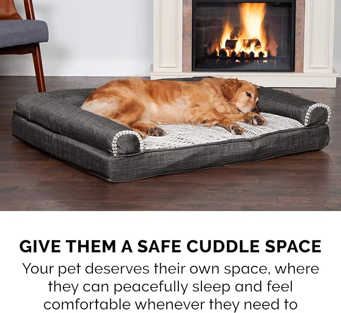 Furhaven Cooling Gel Dog Bed for Large Dogs w/ Removable Bolsters & Washable Cover, For Dogs Up to 125 lbs - Luxe Faux Fur & Performance Linen Sofa - Charcoal, Jumbo Plus/XXL-Mewly Pet