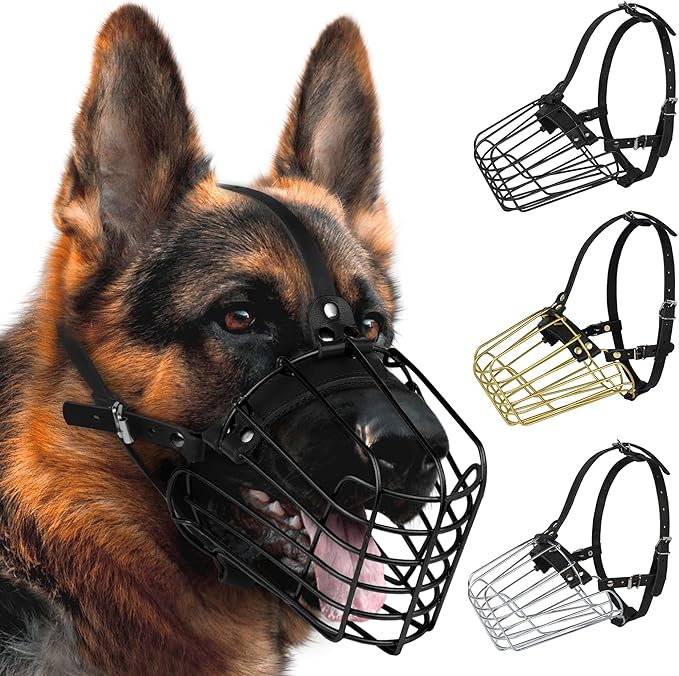 German Shepherd Dog Muzzle Metal Basket for Medium Large Dogs Adjustable Durable Leather Straps Secure Wire Mask for Biting Chewing Barking (Black, L - Size)-Mewly Pet
