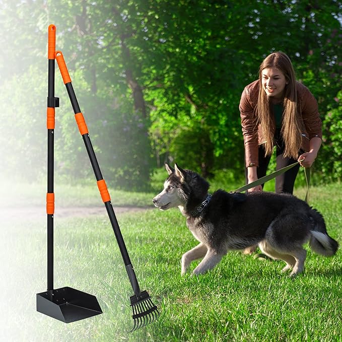 Niubya Pooper Scooper for Dogs, Metal Poop Scooper Tray and Rake Set with Adjustable Long Handle, Dog Pooper Scooper for Pet Waste Removal-Mewly Pet