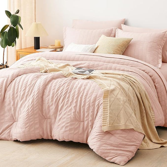CozyLux King Size Comforter Set Blush Pink Seersucker 7 Pieces Bed in a Bag King Comforter Set with Sheets, Luxury Bedding Set with Down Alternative Comforter, Sheets, Pillowcases & Shams All Seasons