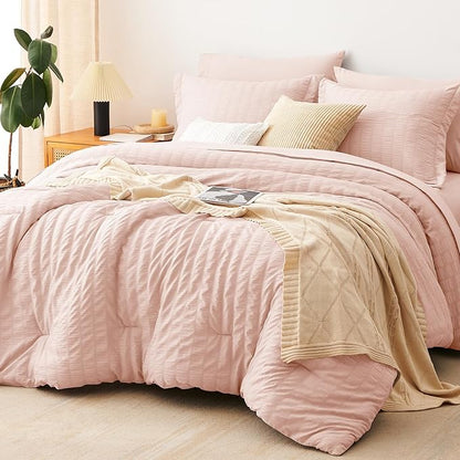 CozyLux Twin XL Comforter Set with Sheets Seersucker Blush Pink 5 Pieces Bed in a Bag, Twin Extra Long Luxury Bedding Sets for College Dorm with Down Alternative Comforter, Sheets, Pillowcases & Shams