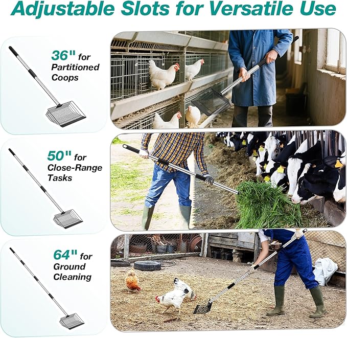 Adjustable Chicken Poop Scooper, Heavy Duty Stainless Steel Chicken Rake with 3-Slot Pole, Multi-Use Pet Waste Shovel & Hay Scooper - 36"/50"/64" Length-Mewly Pet