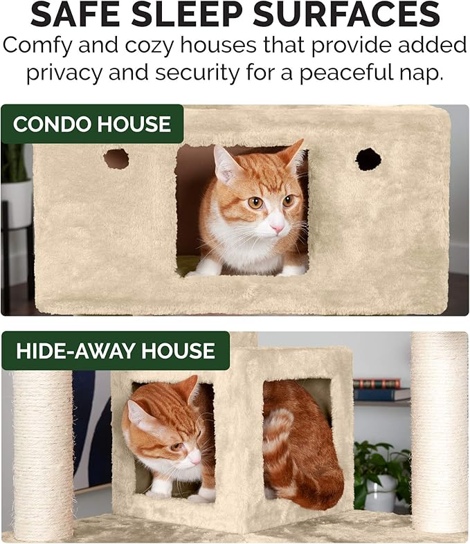 Furhaven 69.3" Tall Cat Tree for Indoor Cats, Ft. Sisal Scratching Posts, 2x Cat Condos, & Toys - Tiger Tough Double Decker Interactive Playground Tower - Cream, One Size-Mewly Pet