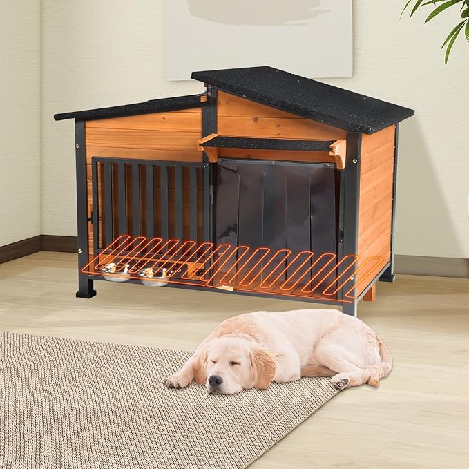 Chew-Resistant Dog House with Metal Frame, Wooden Kennel for Indoor & Outdoor Use, Waterproof Roof & Feeding Bowls Included (Wood, L-in)-Mewly Pet