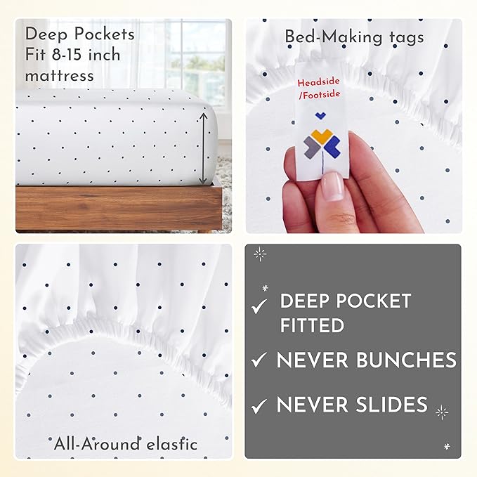 California Design Den Deep Pocket Twin Sheets Set - 400 Thread Count Sateen, Natural 100% Cotton Sheets, Cooling and Durable Bedding Set - Polka Dot