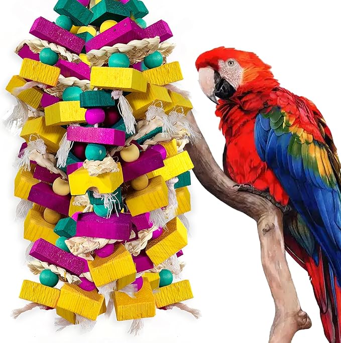 Large Bird Toys, Multi-Color Wooden Block with Bamboo Support Bird Chewing Toy Parrot Cage Bite Toy for Macaws Cokatoos African Grey and Large Medium Parrot Birds-Mewly Pet