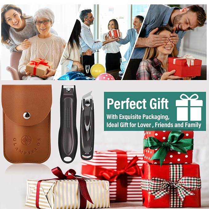 GLAMFIELDS Nail Clipper with Catcher, Large Fingernail Toenail Clipper,Slanted Edge Nail Clippers Leather Case Packed Good Gift for Men and Women 2PACK Large/Small-Mewly Pet