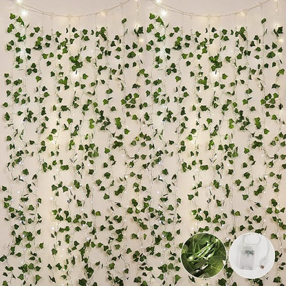 RECUTMS 118 Inches Plant Garland Hanging Vines with Lights LED Strings Artificial Ivy Fake Greenery Leaf Plants Faux Silk Green Leaves Plastic Flower for Party Room Patio Wall Bedroom Outdoor Decor