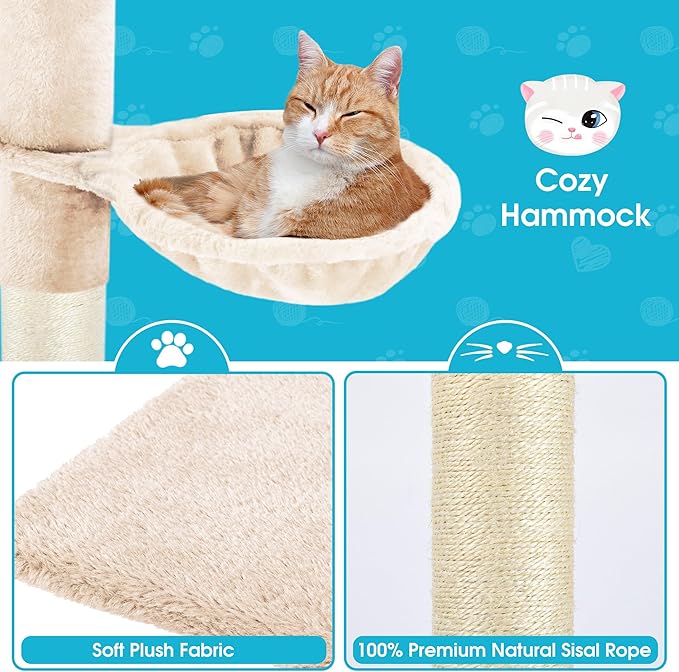 Cat Tree 5-Tier Floor to Ceiling, 89-109 Inch Adjustable Height Cat Tower with Cozy Hammock, Cat Climbing Tree for Indoor Cats, Beige-Mewly Pet