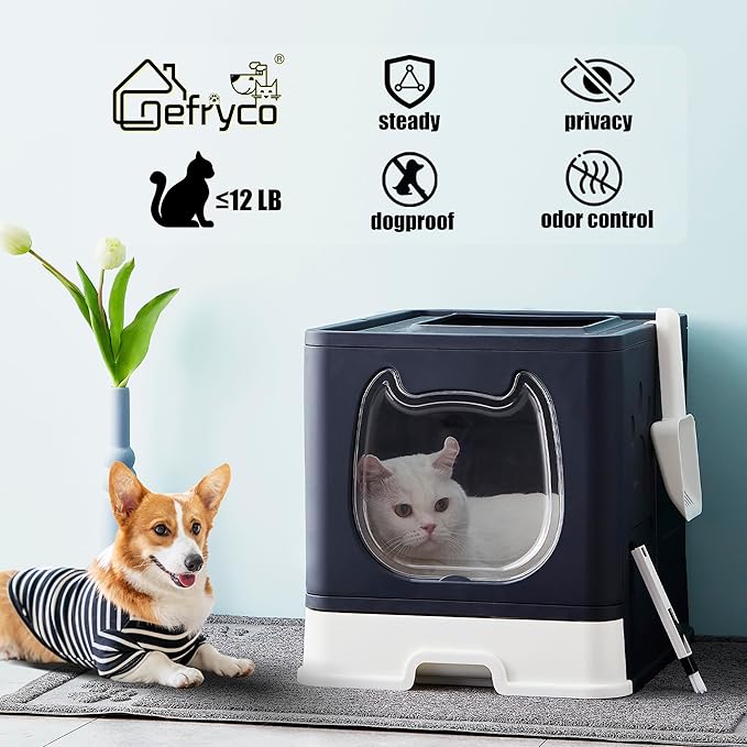 Gefryco Litter Box with Lid for Small to Medium Cats, Enclosed Cat Litter Box with Cover，High Sided Top Entry Cat Box with Brush and Scoop, Cute Kitty Litter Pan with Drawer for Growing Kitten(Black)-Mewly Pet