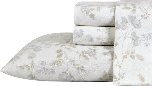 Laura Ashley - Flannel Sheets King Size, Anti-Pilling & Wrinkle Resistant Cotton, Touchably Soft for All-Season Comfort - Bed Sheets with Matching PIllowcasess & Fitted Sheet (Fawna Grey)
