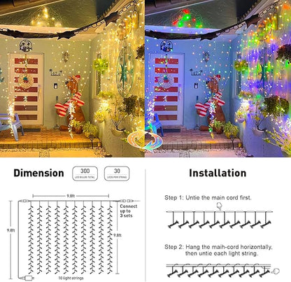 JMEXSUSS 300LED Dual Color Changing Curtain Lights with Remote, 9.8 x 9.8ft Connectable Plug in Christmas String Lights for Bedroom Backdrop Outdoor Decor, Warm White to Multicolor