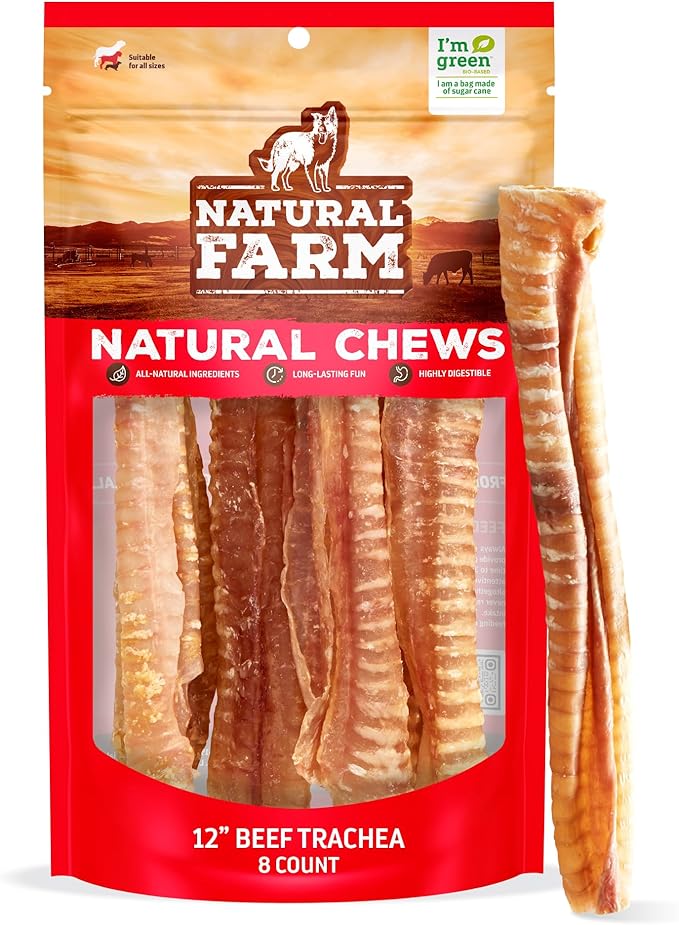 Natural Farm Beef Trachea (12 Inch, 8 Pack), 100% Beef Chews, Natural Glucosamine and Chondroitin for Joint & Hip Mobility, Bone Strength – Low Fat Crunchy & Crispy Treats for All Dogs-Mewly Pet