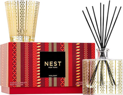 NEST New York Scented Classic Candle (8.1 oz) & Diffuser (5.9 fl oz) Set, Holiday - Reusable Glass Vessel - Vegan, Cruelty Free