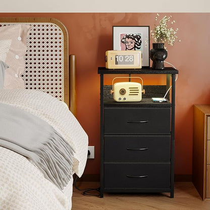 Fixwal Night Stand with Charging Station, LED Nightstand with U-S-B Ports and Outlets, 3 Fabric Storage Drawers with PU Finish, Bedside Table, Black