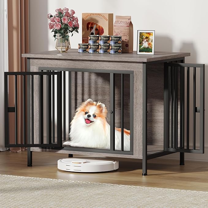 EasyCom 31.5" Small Dog Crate Furniture, Chew-Resistant Dog Crates for Small and Medium Dogs, Dog Kennel Furniture Indoor with 2 Doors and 3.94" Raised Feet, as TV Stand, End Table, Crate Table-Mewly Pet
