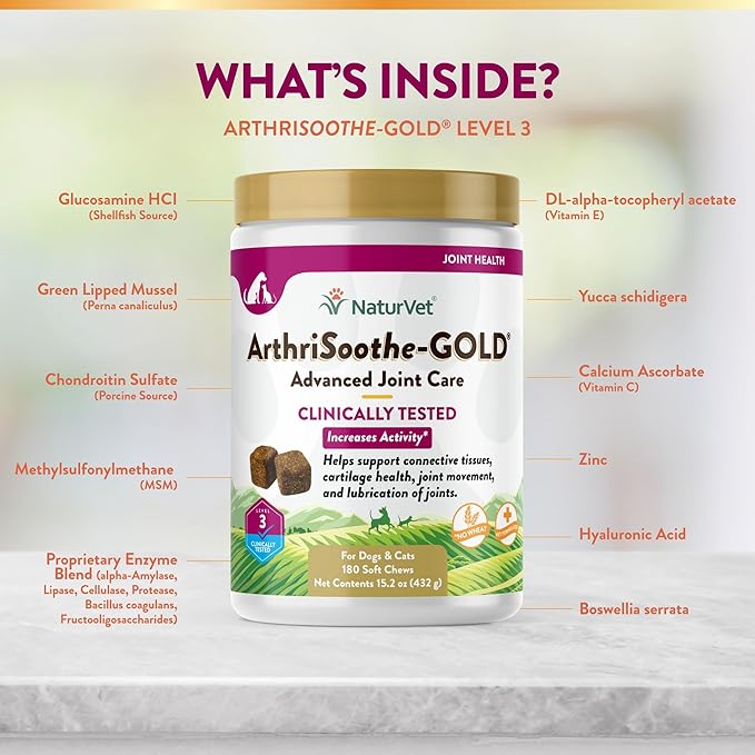 NaturVet ArthriSoothe-Gold Level 3 Advanced Joint Care for Dogs – Soft Chew Dog Supplement with Glucosamine, MSM, Chondroitin & Hyaluronic Acid – Wheat-Free Pet Supplements – 180 Ct.-Mewly Pet