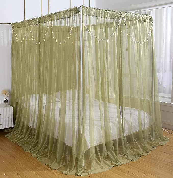 Akiky Canopy for Girls Room Bed Curtains Sheer Curtain for Twin Full Queen Size Bed Drapes,8 Panels Canopies with Light,Room Décor(King,Sage Green)