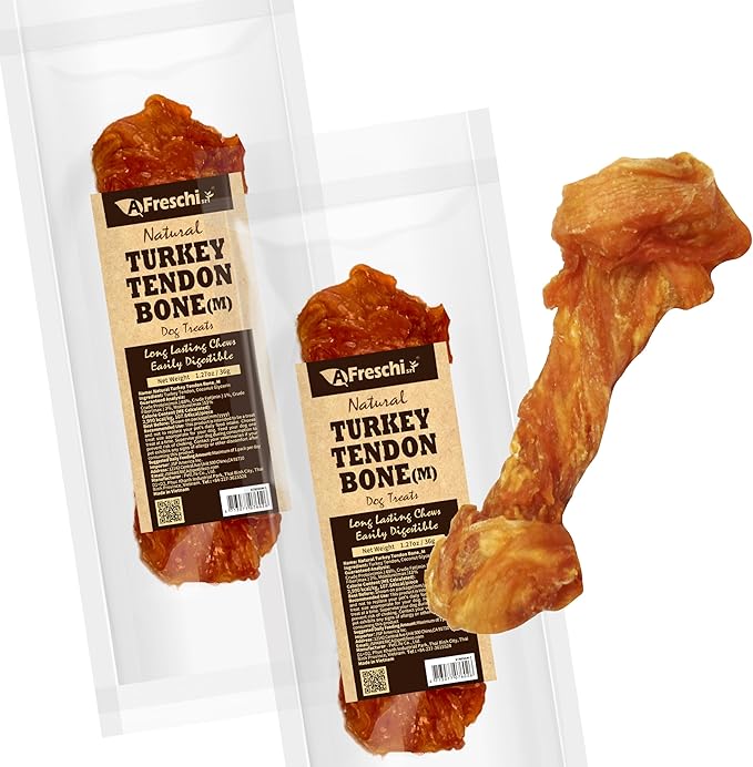 Afreschi Natural Turkey Tendon Bone (M) Pack of 2, Dog Treats for Signature Series, All Natural Human Grade Puppy Chew, USA-Sourced Turkey Tendon, Hypoallergenic, Rawhide Alternative-Mewly Pet