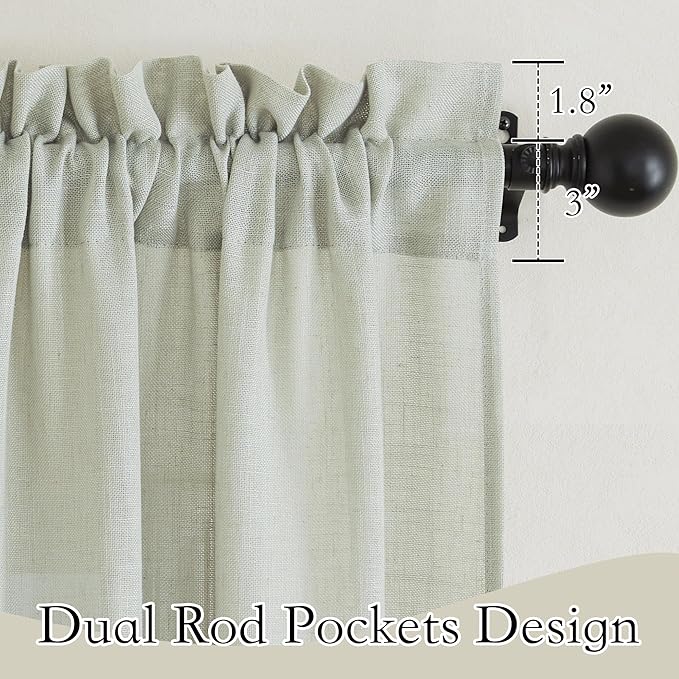 RYB HOME Linen Kitchen Curtains 63 inch Length for Living Room Bedroom, Privacy Protection Light Filtering Decorative Natural 2 Panels Set Farmhouse Boho, Sage Green, W 34 x L 63 inches